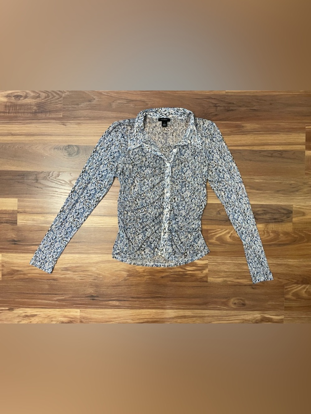 Halogen Ruched Floral Mesh Button-Up Top Size S Blue Neutral Stretch Blouse